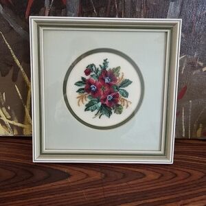 Framed vintage floral embroidery, petit point/ cross-stitch piece/Dbl Green Mat
